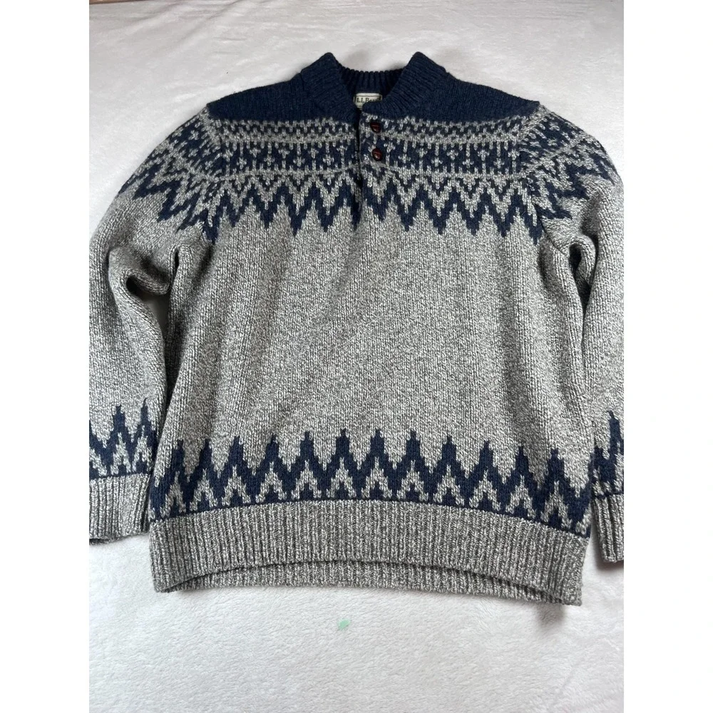 LL Bean 100% Lambswool Fair Isle‎ Nordic Sweater Mens L Gray Blue Wool Pullover